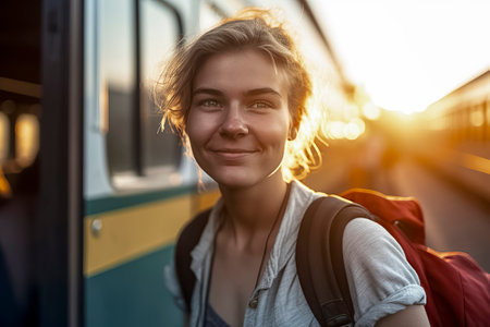 young woman standing near a train with a backpack and red bag, during sunsetの素材