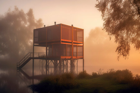 A modern, elevated structure amidst misty surroundings, reflecting on water, surrounded by trees under a soft golden sunriseの素材