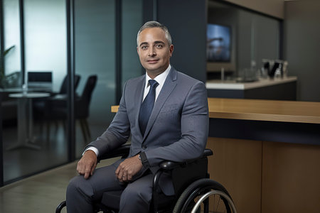 man in a wheelchair, wearing a suit, is positioned in a modern, well-lit office environment with glass partitionsの素材