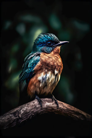A vibrant bird with blue and brown feathers perched on a branch, surrounded by a dark, leafy backgroundの素材