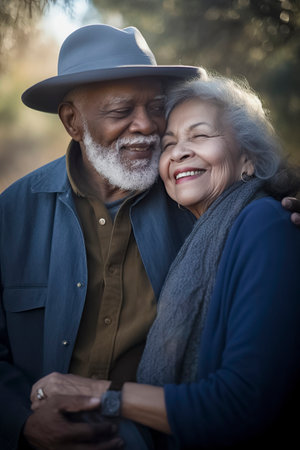 black elderly couple hugging happily in a parkの素材