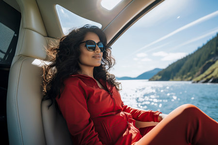 woman in red attire sits in a car, gazing at a beautiful lake surrounded by green hills under the blue skyの素材