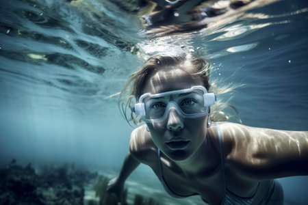 young woman diving in bikini looking at cameraの素材