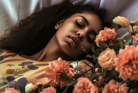 black woman in a floral shirt lies amidst blooming flowersの素材