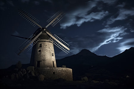 A windmill stands prominently against a dramatic night sky, illuminated by the moon, with mountains in the backgroundの素材
