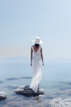woman in a white dress and hat stands on rocks amidst a serene, expansive blue sea under a clear skyの素材