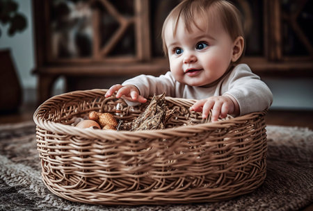 a child holds a basket of Christmas ornaments while sitting on a patterned rug indoorsの素材