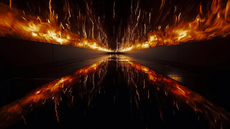 a corridor engulfed in intense, fiery flames, reflecting on the sleek, dark walls and floor, creating a dramatic, symmetrical view.の素材