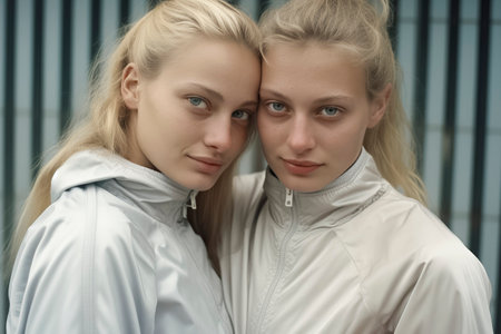 Two women in white jackets, standing close together against a striped backgroundの素材