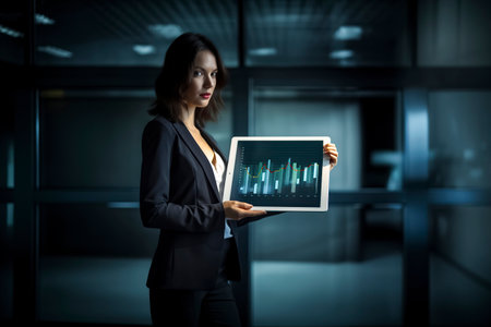 woman in formal attire holds a tablet displaying a bar graph in a modern, dimly lit office environmentの素材