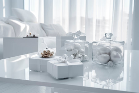 a serene, bright room with white gifts and clear containers of ornaments reflecting on a glossy tableの素材