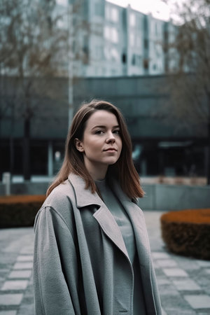 wearing a grey coat, standing outdoors with buildings and trees in the background.の素材