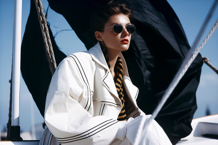 woman in a striped tie and white jacket sitting on a boat under a clear blue skyの素材