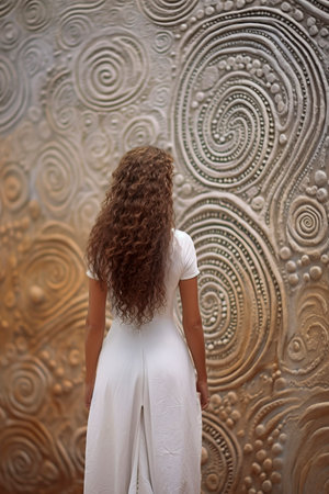 woman in white observing a large, intricate, circular patterned artwork on a wallの素材