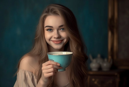 woman holds a teal cup in an elegant, vintage setting with a dark turquoise backdropの素材