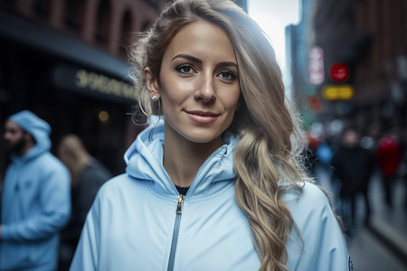 woman with blonde hair is wearing a blue jacket and smiling. She is standing in a city street with other people around herの素材
