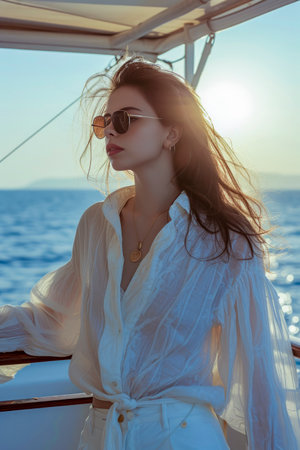 woman on a boat, facing the ocean, wearing white attire, with the sun setting in the backgroundの素材