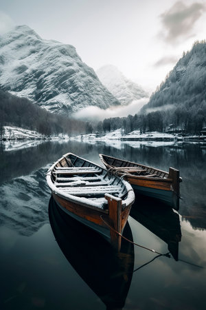 snow-covered boats floating on a calm lake, surrounded by snowy mountains and trees under a cloudy skyの素材