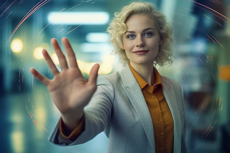 woman is standing in a room with a hand on her face, as if she is trying to block somethingの素材