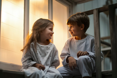 children sitting on steps, bathed in warm light from a nearby window, in a peaceful atmosphereの素材