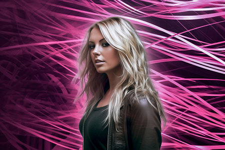 woman with blonde hair stands in front of a pink background. The image is a promotional poster for a music artistの素材