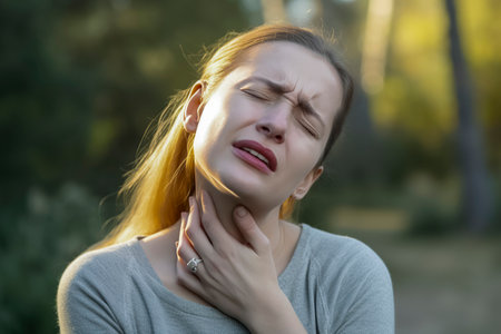 woman with her head tilted to the side, her face contorted in pain. She is wearing a silver ring on her left handの素材