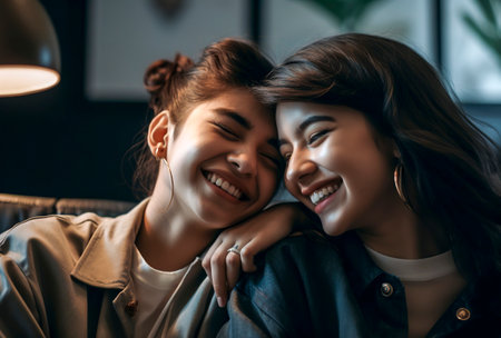 Two women are smiling and hugging each other. Scene is happy and friendly. The women are likely friends or family members, enjoying each other's company and sharing a moment of joyの素材