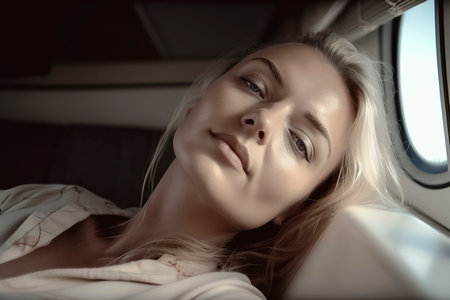 woman with blonde hair is laying down in a car. She is smiling and looking at the cameraの素材