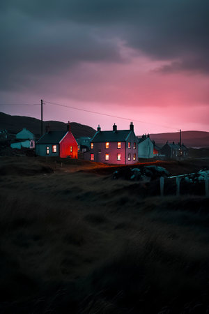 serene evening scene featuring illuminated houses against a dramatic, cloudy pink and grey sky in a rural settingの素材