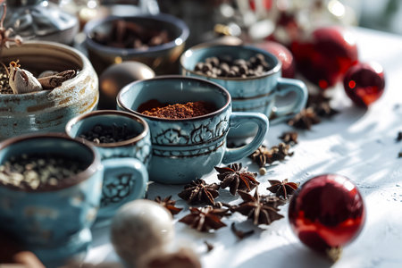 spices in decorative bowls with Christmas ornaments, creating a festive, aromatic atmosphereの素材