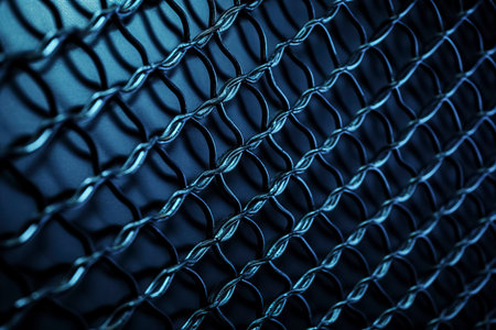 close-up of a metallic chain-link fence, illuminated, showcasing intricate details and casting complex shadows.の素材