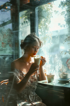 A woman is sitting at a table with a cup of coffee in front of her. She is wearing a white dress and has a red lipstick on. The scene is set in a cafe, and there are other cupsの素材