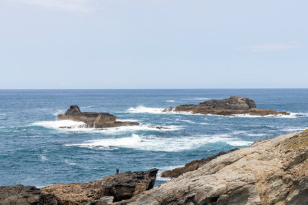 shores with powerful waves crashing, a person observing the vast, beautiful ocean and sky, evoking...