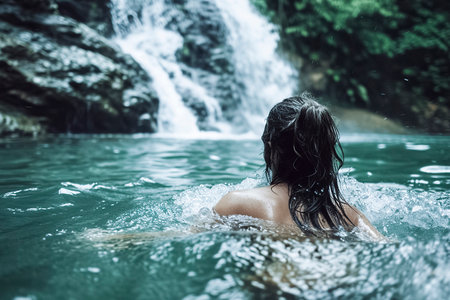 A woman is swimming in a body of water with a waterfall in the background. The water is clear and calm, and the woman is enjoying her time in the waterの素材
