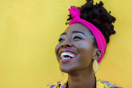woman with a pink headband is smiling and laughing. She is wearing gold earrings and a yellow shirtの素材