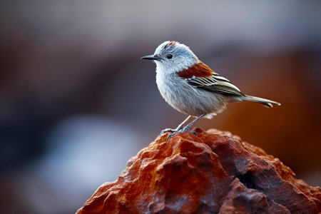 a small grey and brown bird perched on a rugged, reddish-brown rock with a blurred backgroundの素材
