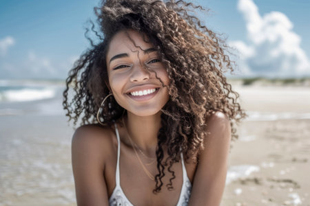 A woman with curly hair is smiling and posing for a picture on a beach. Concept of happiness and relaxation, as the woman is enjoying her time at the beachの素材