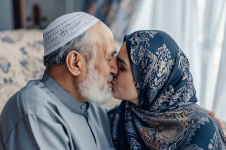 man and woman are kissing each other. The man is wearing a gray shirt and the woman is wearing a blue scarfの素材