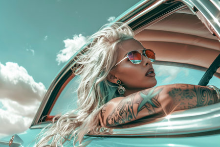 A woman with long blonde hair and tattoos on her arm is driving a car. She is wearing sunglasses and a necklace. Scene is casual and relaxed, as the woman is enjoying her time in the carの素材