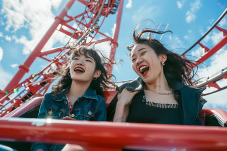 women are riding a roller coaster and laughing. Scene is joyful and funの素材