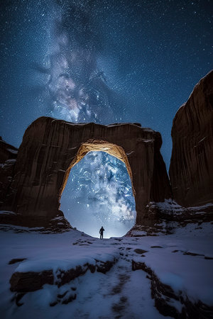 person stands beneath a massive stone arch, gazing at a starry night sky, evoking a sense of wonder and insignificanceの素材