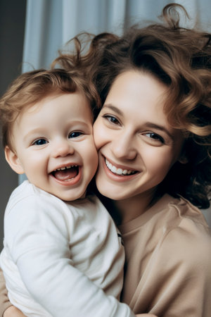 woman is holding a baby and smiling. Scene is happy and lovingの素材