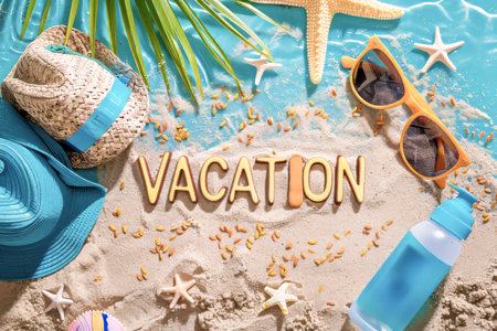 perfect beach vacation with various elements like a hat, sunglasses, sunscreen, and the ocean.の素材