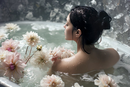 woman is in a bathtub with flowers in the water. The flowers are pink and white. The woman is relaxed and enjoying the bathの素材