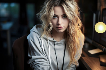 blonde woman with long hair is sitting at a desk with a computer monitor in front of herの素材