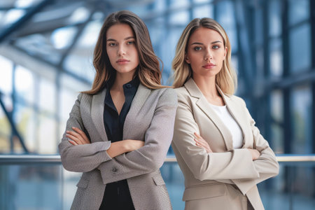 women in business suits stand facing each other, one with her arms crossed. Concept of professionalism and confidenceの素材