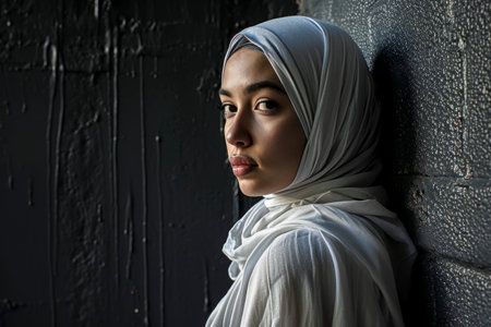 woman wearing a white scarf stands in front of a wall. She has a serious expression on her faceの素材