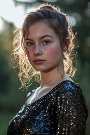A woman with long hair and a black dress is standing in front of a tree. She has a smile on her face and is looking directly at the cameraの素材