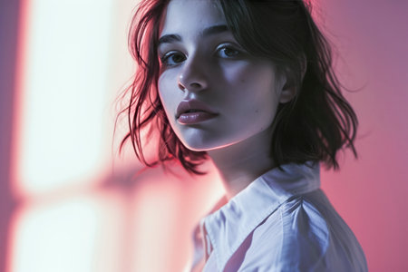 woman with short hair and a white shirt is standing in front of a pink wall. The photo has a soft, warm glow to it, giving it a cozy and inviting atmosphere. The woman's expression is seriousの素材