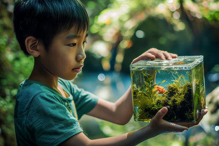 young boy is holding a fish in a small glass container. The boy appears to be fascinated by the fish and is holding it carefullyの素材